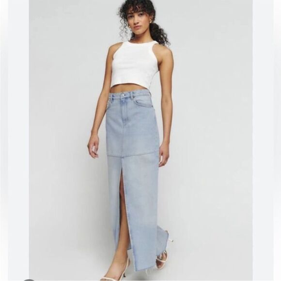 Reformation Tazz Maxi Split Denim Skirt Light Wash Tahoe Blue 25 - Picture 1 of 1